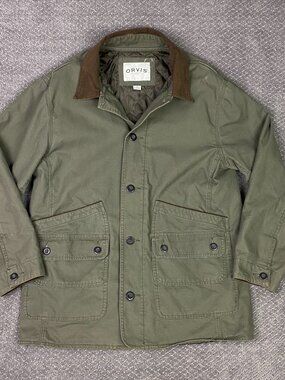 Orvis Chore Jacket Coat Mens Large Olive Green Barn Canvas Work Corduroy Collar